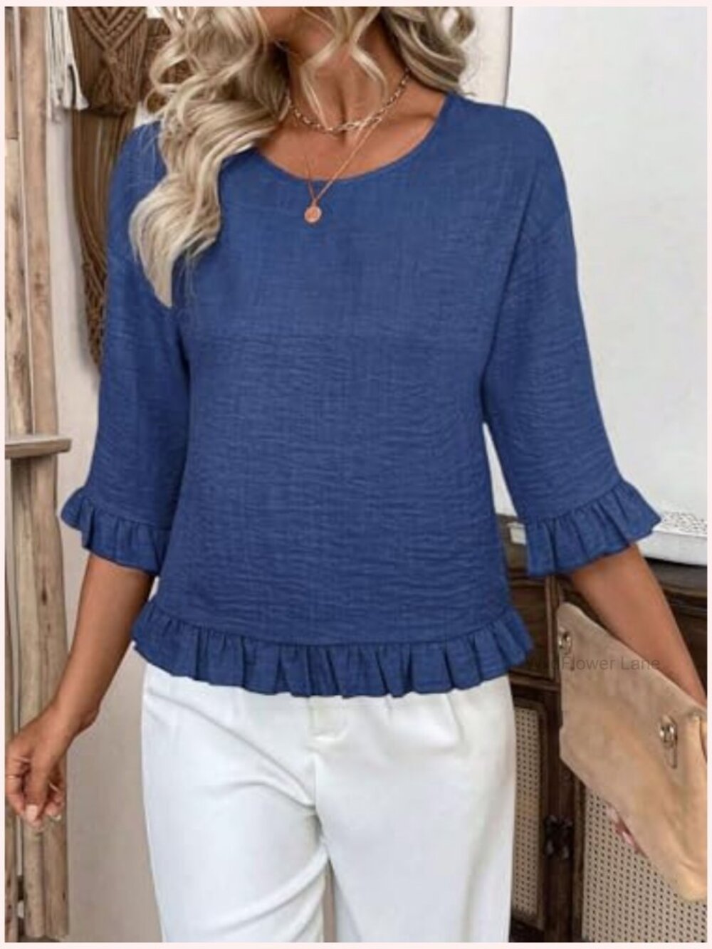 Ruffle 3/4 Sleeve Linen Blend Blouse Crew Neck Drop Shoulder Dressy Casual - Picture 3 of 5